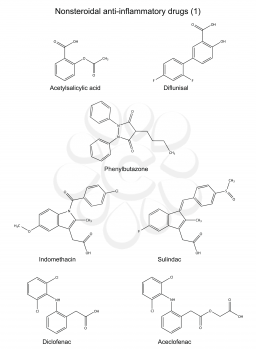 Structural chemical formulas of group antiinflammatory drugs: diclofenac, aceclofenac, sulindac, indomethacin, phenylbutazone, diflunisal, acetylsalicylic acid, 2d illustration, isolated  on white, ve