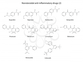 Structural chemical formulas of group antiinflammatory drugs: celecoxib; nimesulide; meloxicam; lornoxicam; tenoxicam; piroxicam; ketoprofen; flurbiprofen; naproxen; ibuprofen, 2d illustration, isolat