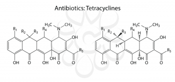 General structural chemical formulas of antibiotic tetracycline - group of polyketides, 2d illustration, isolated on white background, vector, eps 8