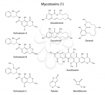 Structural chemical formulas of mycotoxins: ochratoxins, zearalenone, zearalenol, zeranol, aurofuzarin, patulin, moniliformin, 2d illustration,  isolated on white background, vector, eps 8