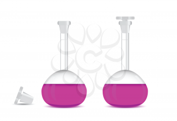 Chemical volumetric flasks with colored solution - laboratory glassware, isolated on white background; 3d illustration, vector, eps 10