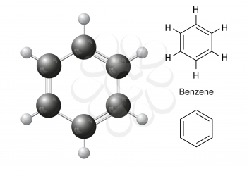 Structural chemical formulas and model of benzene molecule, 2d & 3d Illustration, isolated on white background, balls & sticks, vector, eps 10