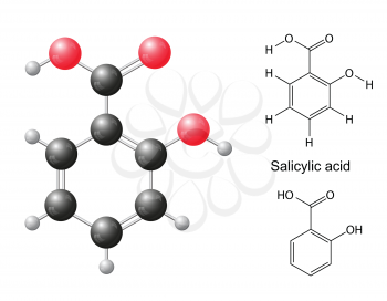Structural chemical formulas and model of salicylic acid molecule