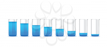 Illustration of chemical beakers with blue solution on white background - lab glassware, isolated on white background; 3d illustration, vector, eps 10
