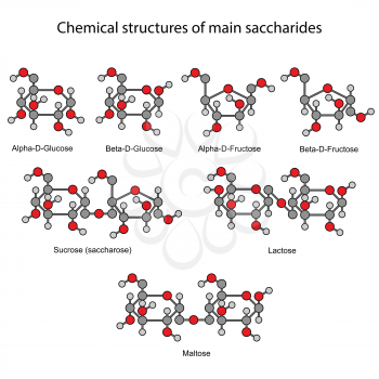 Chemical formulas of main sugars: mono- and disaccharides, 2d illustration, isolated on white background, rounds & sticks style, vector, eps 8