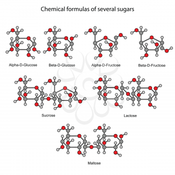 Structural chemical formulas of some sugars, 2d illustration, isolated on white background, circles & sticks style, vector, eps8