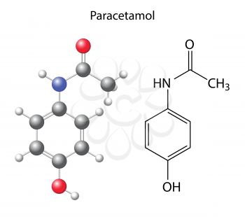 Paracetamol - structural chemical formula of the analgesic, 3d & 2d illustration on white background, balls & sticks, skeletal style, vector, eps 8