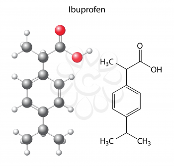 Model of ibuprofen - structural chemical formula of analgesic, 3d & 2d illustration on white background, balls & sticks, skeletal style, vector, eps 8