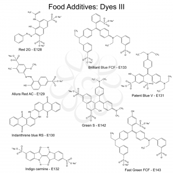 Food dyes - structural chemical formulas of food additives, third set E128-E143, 2d illustration on a white background, vector, eps 8