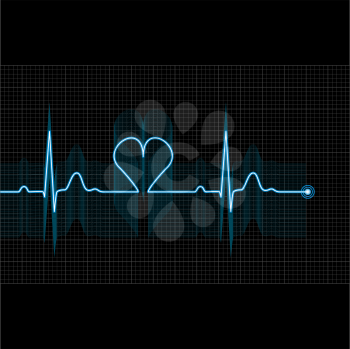 Illustration of medical electrocardiogram - ECG on grid, graph of heart rhythm on black background, 2d illustration, vector, eps 10
