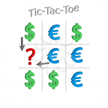Tic-Tac-Toe concept of the exchange rate of dollar and euro, 3d illustration, vector, eps 8