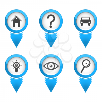 Map pointers with icons on white background, 3d illustration, vector, eps 10