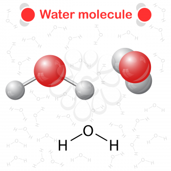 Water molecule: icon and chemical formula, H2O, 2d & 3d illustration, vector, eps 10