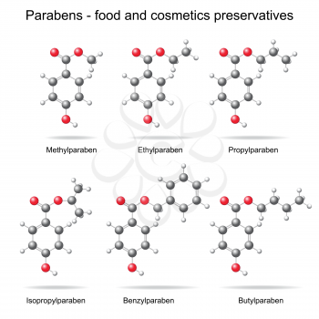 Parabens - food, cosmetic and pharmaceutical preservatives, 3d models, ball and stick style, isolated, vector, eps 8
