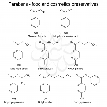 Parabens - food, cosmetic and pharmaceutical preservatives, 2d skeletal illustration, isolated, vector, eps 8