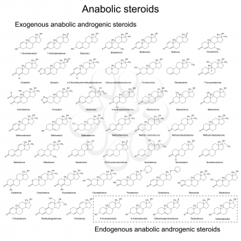 Structural chemical formulas of exogenous and endogenous anabolic androgenic steriods, 2d illustration, vector, eps 8