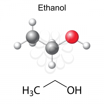 Structural chemical formula and model of ethanol molecule, 2d and 3d illustration, isolated, vector, eps 8
