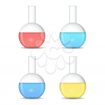 Flat bottom chemical flasks with colored sulutions - laboratory glassware, isolated on white background, 3d illustration, vector, eps 10