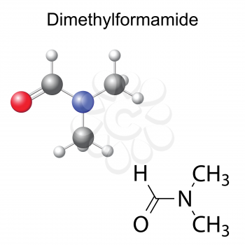 Structural chemical formula and model of dimethylformamide molecule, 2d and 3d illustration, isolated, vector, eps 8
