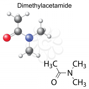 Structural chemical formula and model of dimethylacetamide molecule, 2d and 3d illustration, isolated, vector, eps 8