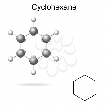 Structural chemical formula and model of cyclohexane molecule, 2d and 3d illustration, isolated, vector, eps 8