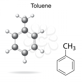 Structural chemical formula and model of toluene molecule, 2d and 3d illustration, isolated, vector, eps 8