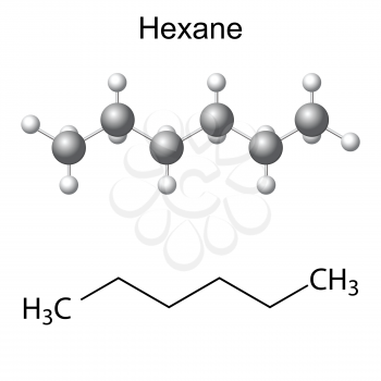 Structural chemical formula and model of hexane molecule, 2d and 3d illustration, isolated, vector, eps 8