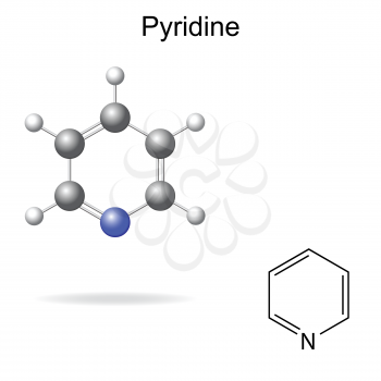 Structural chemical formula and model of pyridine molecule, 2d and 3d illustration, isolated, vector, eps 8