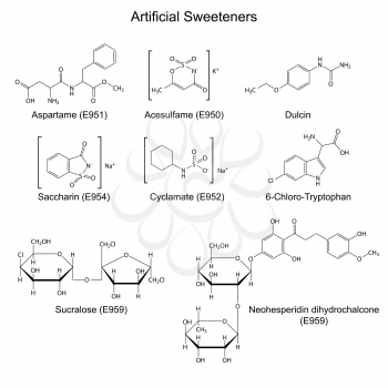 Structural chemical formulas of artificial sweeteners - food additives, 2d illustration, vector, eps 8