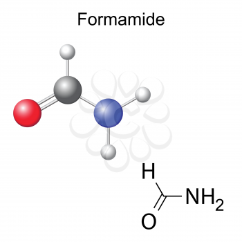 Structural chemical formula and model of formamide molecule, 2d and 3d isolated, vector, eps 8