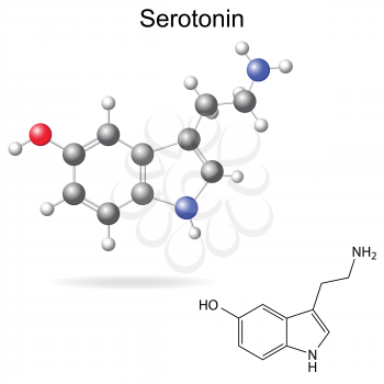 Structural model, chemical formula of serotonin molecule, 2d and 3d isolated vector, eps 8