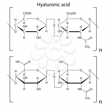 Chemical formula of hyaluronic acid, molecular structure, 2d isolated vector, eps 8