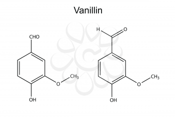 Chemical formula of vanillin molecule (flavor enhancer), 2D illustration, vector, isolated on white