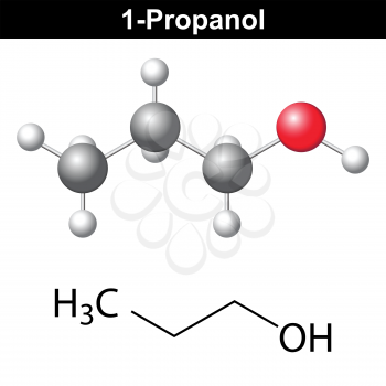 Propanol ( 1-propanol ) - structural chemical formula and model, 2d and 3d isolated vector, eps 8