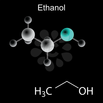 Ethanol molecule - chemical structural formula and model, 2d and 3d vector on black background, balls and sticks, eps 8