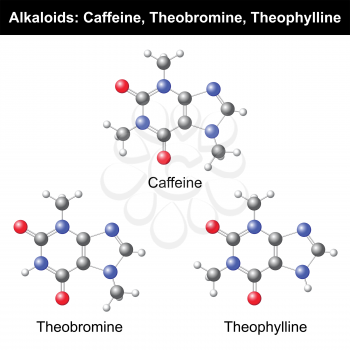Caffeine, Theobromine and Theophylline 3d models on white background, vector, eps 8