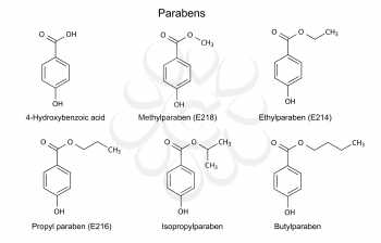Structural chemical formulas of parabens - food and cosmetic preservatives, 2D illustration, vector, isolated on white