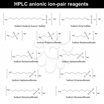HPLC anionic ion pair reagents - structural chemical formulas, 2d vector, eps 8