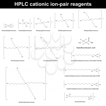 HPLC cationic ion pair reagents - structural molecular chemical formulas, 2d vector, eps 8