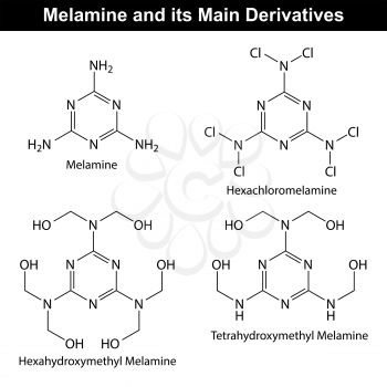 Melamine and its main derivatives, molecular structural chemical formulas, 2d vector, eps 8