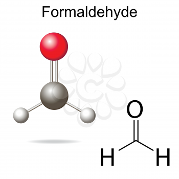 Formaldehyde model - structural chemical formula of molecule, 2d and 3d vector on white background, eps 8