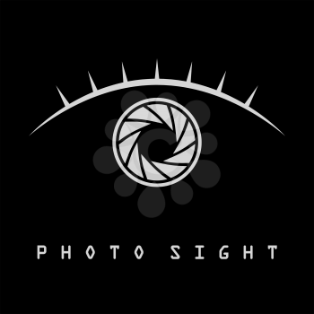 Photo eye with eyelash logo template, isolated on black background, 2d symbol, vector, eps 8