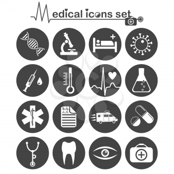 Medical icons set on round plates, black and white colors, 16 symbols, 2d vector, eps 8