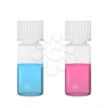 Two small vials with screw caps and colored solutions, chemical lab glassware, 3d vector, ioslated on white background, eps 10