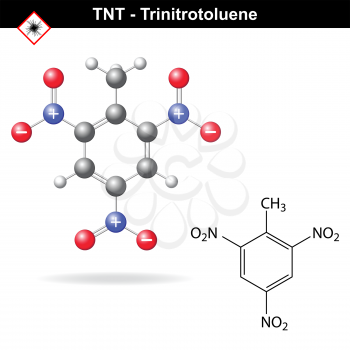 Trinitrotoluene - tnt explosive agent, structural chemical formula and model, 2d and 3d vector isolated on white background, eps 8