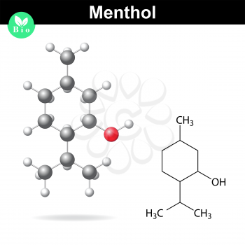 Menthol - natural and synthetic component, secondary metabolite of plants, 2d and 3d chemical structural formula, vector isolated on white background, eps 8