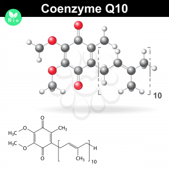 Coenzyme Q10, structural chemical formula and model, 2d & 3d vector, eps 8