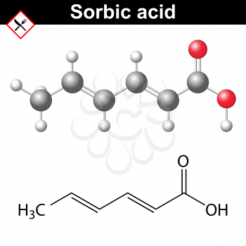 Sorbic acid - food and cosmetic preservative, structural chemical formula and model, 2d and 3d, vector isolated on white background, eps 8