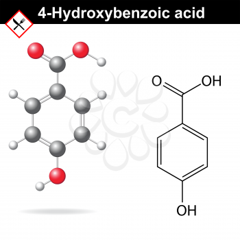 4-Hydroxybenzoic acid - medical substance, chemical structural formula and model, 2d & 3d vector on white background, eps 8