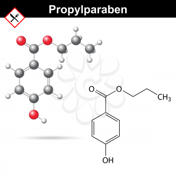 Propylparaben - food and cosmetic preservative of paraben family, chemical formula and model, 2d & 3d vector, isolated on white background, eps 8
